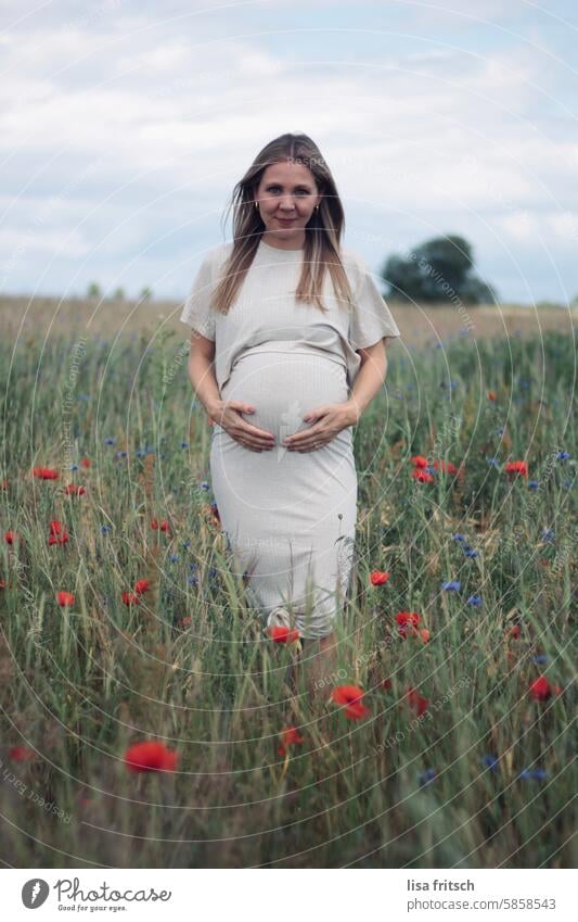 BAUCH HALTEN - SCHWANGER - MOHN Mohn Mohnfeld schwanger blond Junge Frau Wiese Blumenfeld Natur Schwangerschaft schwangere Frau schön Bauch Mutterschaft jung