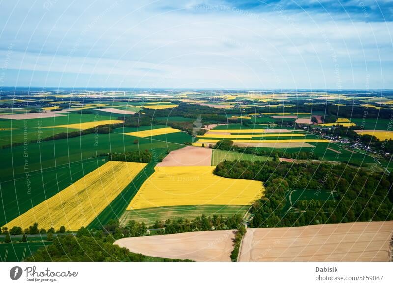 Luftaufnahme einer Landschaft mit blühendem Raps auf landwirtschaftlichen Feldern Bereiche Feldfrüchte ländlich Ackerland Farben grün gelb kontrastierend