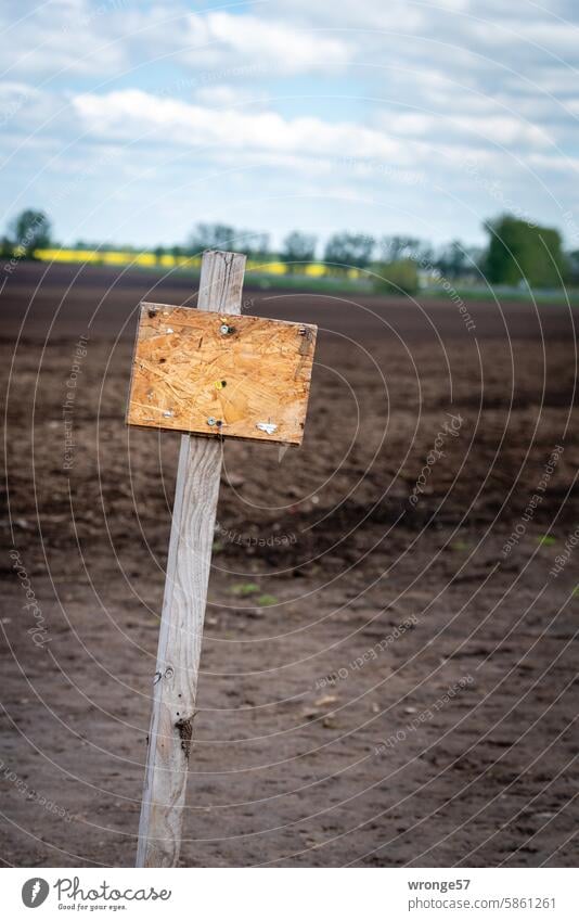 Leere Holztafel vor einem unbestellten Acker Schilder & Markierungen leer Hinweisschild Außenaufnahme Farbfoto Ackerland Feld Menschenleer