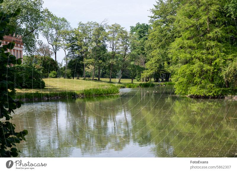 Ein See in grüner Natur und mit einem alten historischen Gebäude Burg oder Schloss Textfreiraum Landschaft friedlich Wasser Deutschland Tag Hintergrund