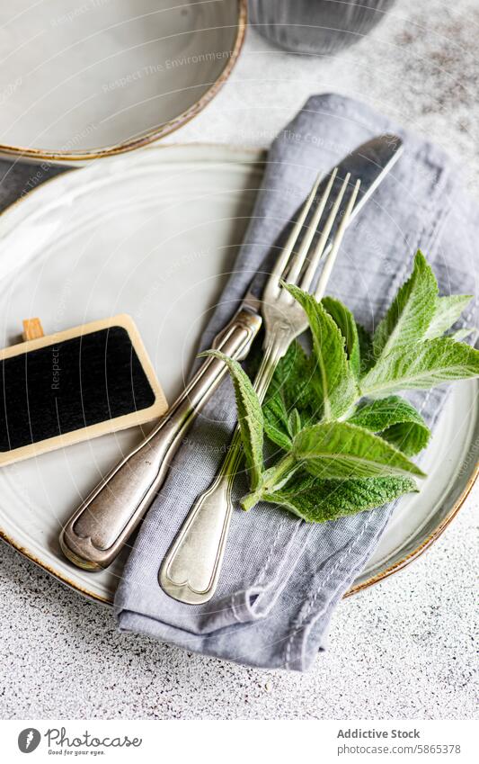 Sommerliche Tischdekoration in Minze mit elegantem Geschirr Einstellung Thema frisch Blatt altehrwürdig Silberwaren rustikal Name Tag Keramik Teller Eleganz