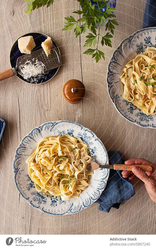 Leckeres italienisches Nudelgericht mit cremiger Alfredo-Sauce, garniert mit Petersilie und Parmesan mediterran anonym Italienisch Amerikaner Kraut stylen weich