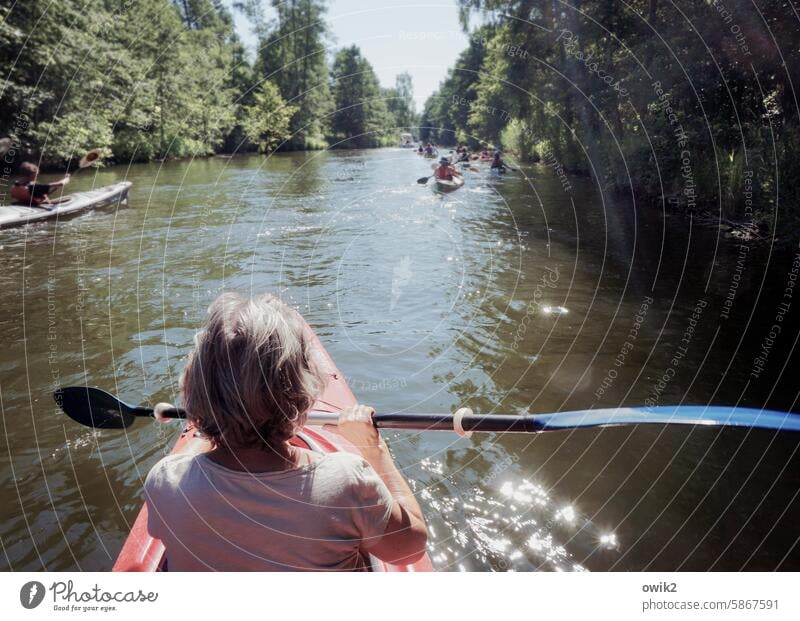 Direktemang Frau Rücken Hinterkopf Rückansicht Erholung Bootsfahrt Kanu Schönes Wetter Wasser Paddel Umwelt Ausflug Natur Landschaft Freizeit & Hobby Bewegung
