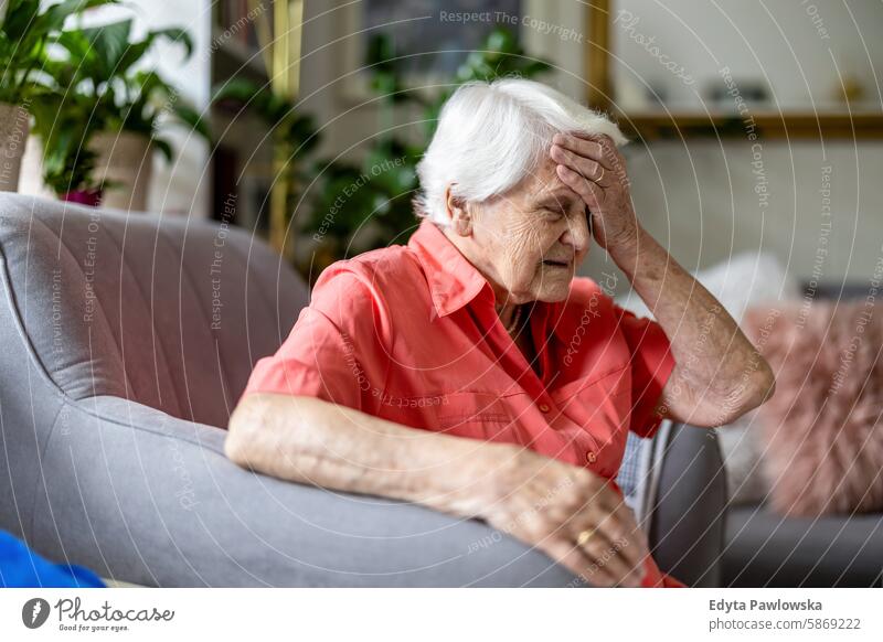 Ältere Frau sitzt im Sessel und leidet unter Kopfschmerzen Menschen Senior reif älter heimwärts Haus alt Alterung häusliches Leben Großmutter Rentnerin