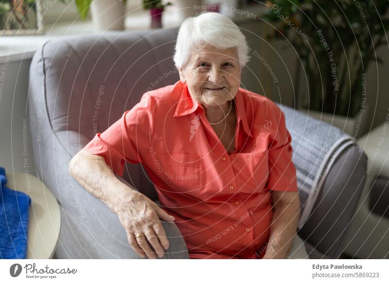 Porträt einer glücklichen älteren Frau, die in einem Sessel sitzt und in die Kamera schaut Lächeln Glück genießend positiv Freude zufrieden Menschen Senior reif