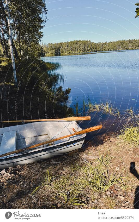 Kleines Ruderboot liegt an einem Seeufer Ufer Natur blauer Himmel Sonnenschein Idylle Landschaft Wasser ruhig Bäume Wald Paddel klein Menschenleer Ruhe