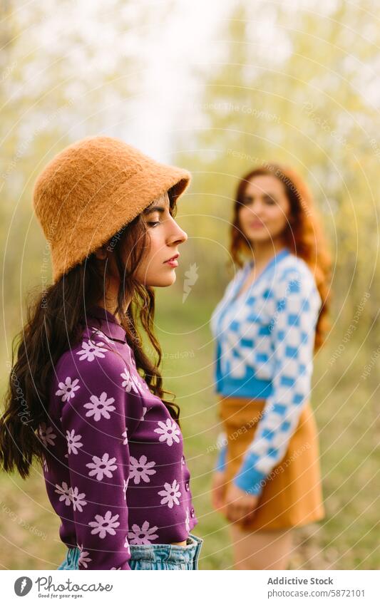 Zwei Frauen, die einen gemütlichen Tag im Wald verbringen Freund Wälder Natur Freizeit Bäume Überstrahlung Gelassenheit Gedanke Baskenmütze Pullover geblümt