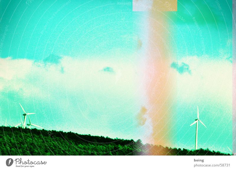 Ökos, die leben hinterm Wald | eins Windkraftanlage alternativ regenerativ Elektrizität kaputt Störung Strommast Papierstau Erneuerbare Energie Drogerie
