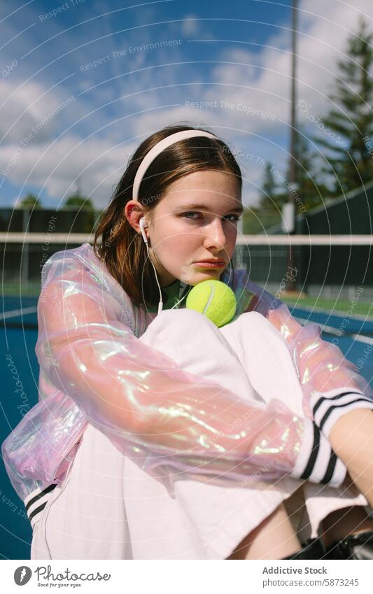 Junge Frau genießt Musik auf einem Tennisplatz jung Tennisball hören Stirnband irisierend Jacke stylisch Sitzen heller Himmel im Freien Freizeit Sport