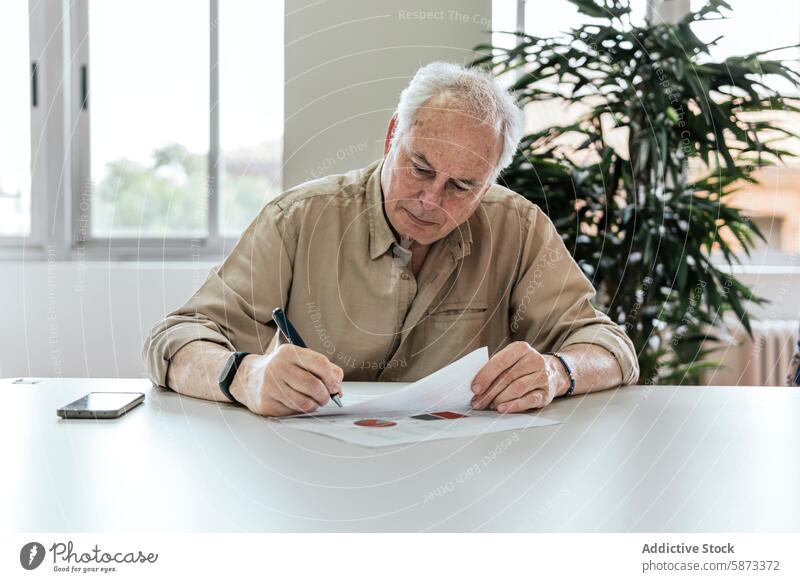 Älterer Geschäftsmann bei der Überprüfung von Dokumenten im Büro Senior Schriftstück Kaukasier männlich Unternehmer Analysieren Business Papier Schreibtisch