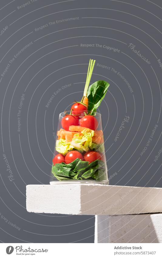 Frischer geschichteter Salat in einem Glas auf einem modernen grauen Hintergrund Salatbeilage Gemüse Tomate Möhre Spinat Gesundheit frisch Farbe durchsichtig