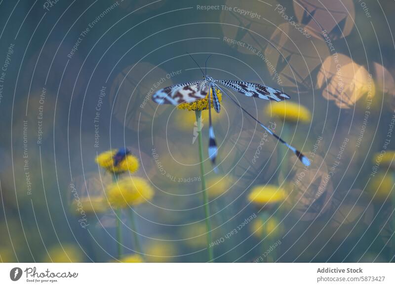 Detaillierte Nahaufnahme eines Nemoptera bipennis auf einer Blüte Insekt Florfliege Löffelschwinger Makro Fotografie Blume Bokeh natürlich Licht gelb Flügel