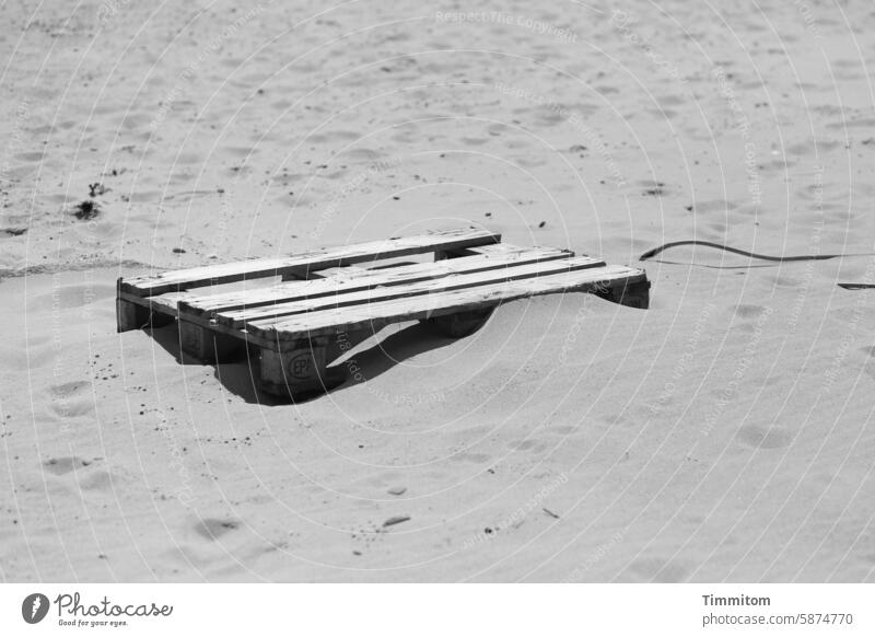 Gedanken… Schlitten ziehen?… Sand Strand Palette Holz Schatten Seil Leine Dänemark Menschenleer vorstellungskraft