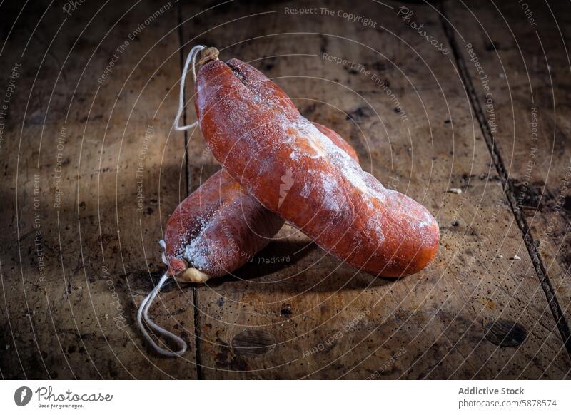 Traditionelle gepökelte Würste auf rustikalem Holzhintergrund Sobrasada Wurstwaren geheilt roh Schweinefleisch Paprika Gewürz balearisch traditionell hölzern