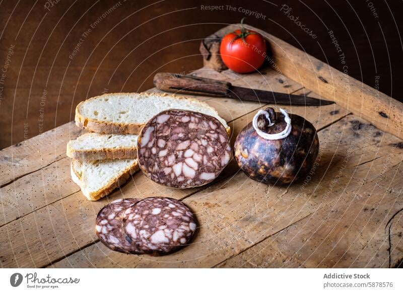 Verschiedene Wurstsorten mit Brot und Tomate auf rustikalem Holzbrett Salami geräuchertes Fleisch Schweinefleisch Scheibe Schweinehackfleisch Paprika Gewürz