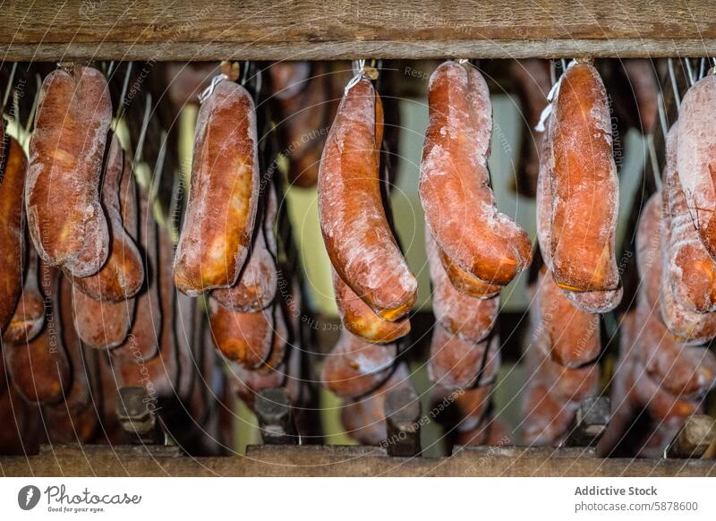 Verschiedene Wurstsorten, darunter Sobrasada, hängen auf einem Markt geräuchertes Fleisch erhängen Wurstwaren roh Schweinefleisch Paprika Gewürz Lebensmittel