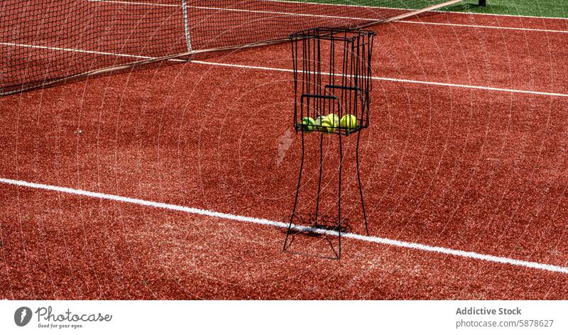 Leerer Tennisplatz mit Ballwagen und leuchtend rotem Belag Gericht Karre Ton leer Sport Netz Tennisball Gerät im Freien Streichholz Spiel Detailaufnahme