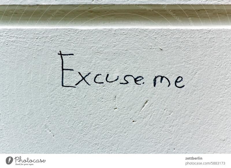 Excuse me aussage begriff botschaft buchstabe entschuldigung excuse me grafitti grafitto illustration kreide mauer message nachricht politik sachbeschädigung