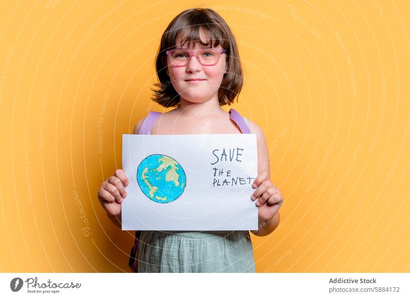 Junges Mädchen hält "Save the Planet"-Schild auf gelbem Hintergrund Umwelt Zeichen Klammer Nachricht sparen Öko Erkenntnis Kampagne gelber Hintergrund Atelier