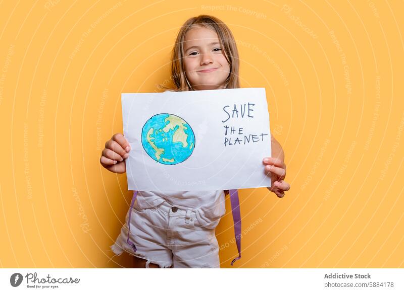 Junges Mädchen hält ein "Save the Planet"-Schild Kind jung Lächeln Zeichen umgebungsbedingt Schutz Kampagne Erde Erhaltung umweltfreundlich Erkenntnis Klima