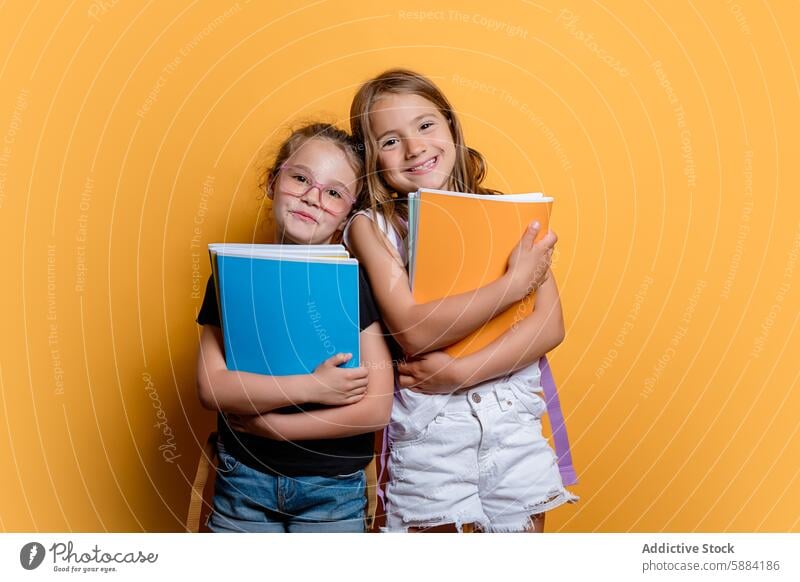 Zwei lächelnde Mädchen halten Bücher vor einem gelben Hintergrund Lächeln Buch Bildung Schule Atelier gelber Hintergrund Glück Kindheit Freundschaft Umarmen