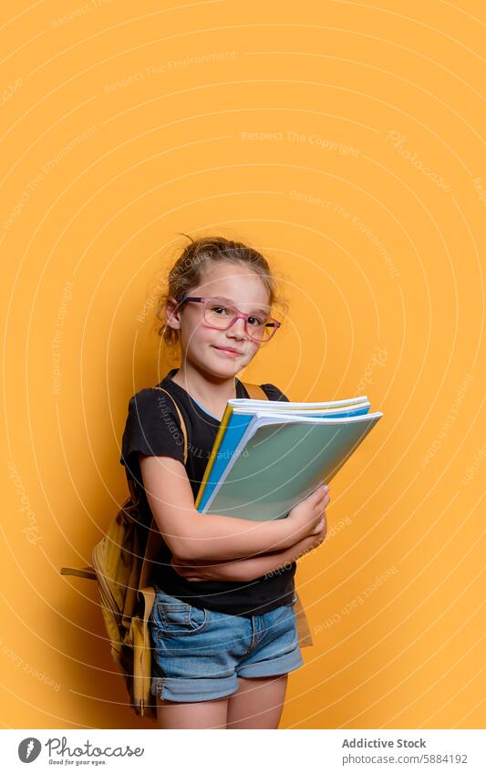 Junges Mädchen mit Brille hält Schulbücher auf gelbem Hintergrund Schulmädchen Rucksack Lehrbuch Atelier heiter Schüler Bildung Kind lernen selbstbewusst