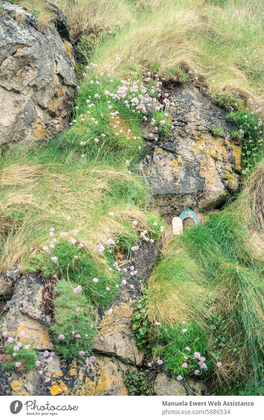 Feentüren an einer grasbewachsenen Felswand in Irland. fee aberglaube sage sagenumwoben irland brauchtum legende geschichte erzählung feentür haus zu hause