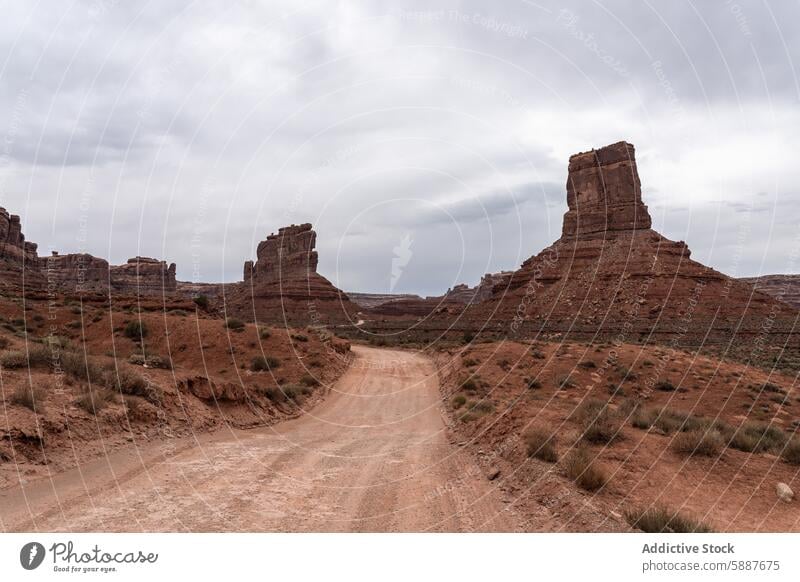 Zerklüftete Wüstenlandschaft im Valley of the Gods, Utah wüst Landschaft Gesteinsformationen Straße ungepflastert malerisch im Freien Natur reisen Tourismus