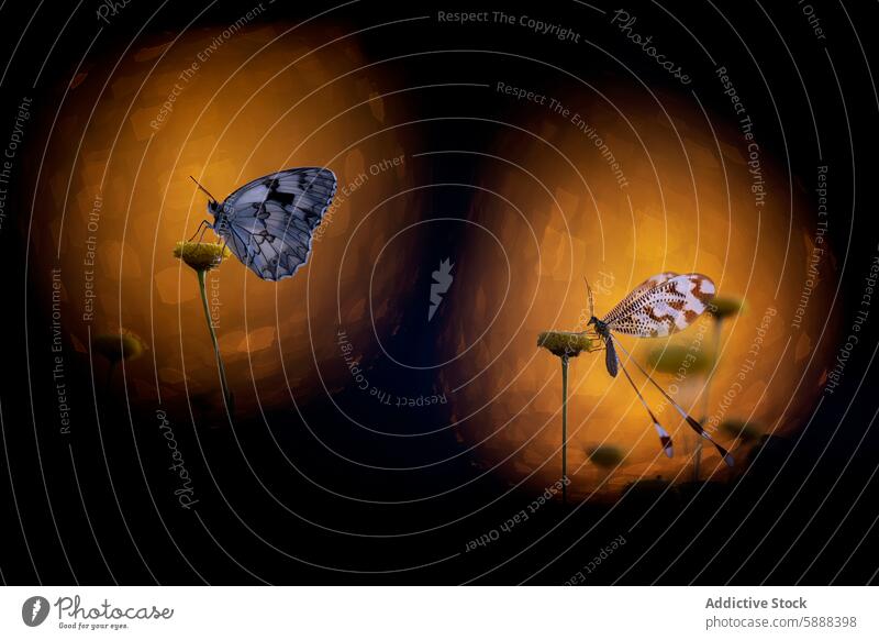 Zwei einzigartige Insekten auf einer Blüte vor einem goldenen Hintergrund Nemoptera bipennis Schmetterling Blume filigran Wildblume Natur Tierwelt mystisch