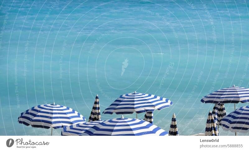 Blaue und weiße Sonnenschirme am Strand von Nizza, Frankreich Strandurlaub Strandschirme schön blau Karibik Küste Kreuzfahrt Feiertag Urlaubspanorama Horizont