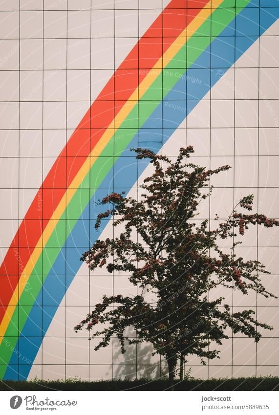 Symbol für Hoffnung, Vielfalt, Brücke und Botschaft Regenbogen Fassade Streifen Symmetrie Symbole & Metaphern graphisch Illusion Fassadenverkleidung Frühling
