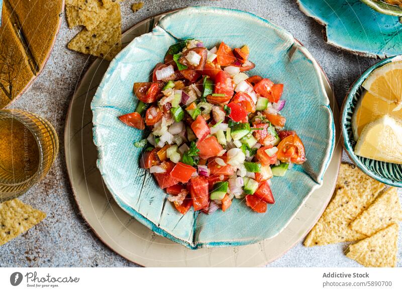 Frische hausgemachte Pico de Gallo-Salsa, serviert mit Mais-Chips Salsatänzer mexikanisch Tomate Zwiebel Koriander grüne Paprika Avocado Zitronensaft