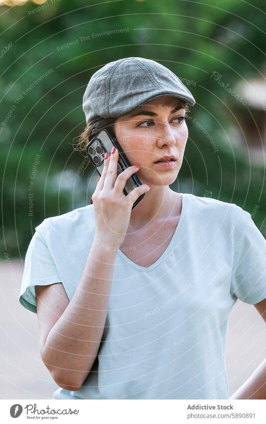 Frau mit Mütze spricht im Freien mit Smartphone sprechend Verschlussdeckel T-Shirt lässig Technik & Technologie Flachkappe Mitteilung Telefonanruf Handy Tag