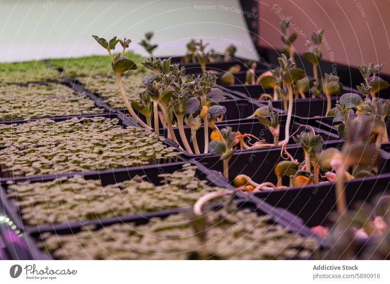 Microgreens wachsen im Indoor-Gartensystem mikrogrün sprießen Ackerbau im Innenbereich Gartenarbeit System Landwirtschaft nachhaltig modern kontrolliert Umwelt