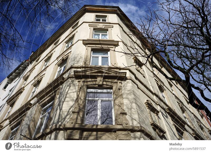 Straßenecke mit altem Eckhaus mit Fassade in Naturfarben und kahlen Bäumen im Winter bei Sonnenschein im Nordend von Frankfurt am Main in Hessen