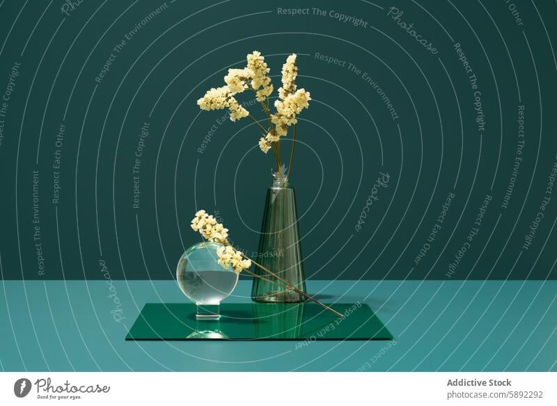 Limonium sinuatum in Glasvase auf blauem Hintergrund statice Blume Vase Eleganz Einfachheit Design Dekor Dekoration & Verzierung Ordnung blaugrün durchsichtig