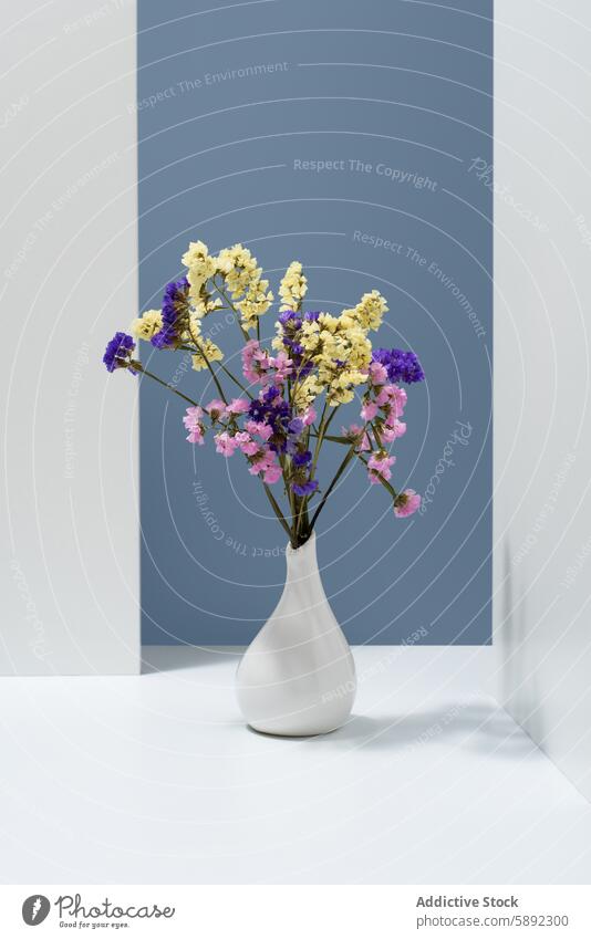 Lebendiges Limonium sinuatum-Arrangement in einer weißen Vase statice Blume Ordnung purpur rosa gelb Dekor Innenbereich sehr wenige Design stylisch modern