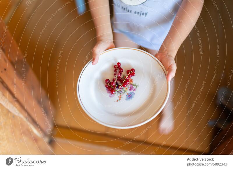 Kind hält eine Schale mit frischen Johannisbeeren Schalen & Schüsseln Beeren pulsierend natürlich präsentierend wohnlich Frucht Gesundheit Snack hölzern Stock