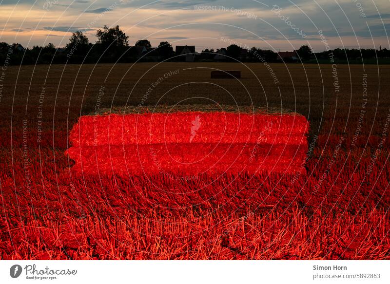 Strohballen in roter Beleuchtung vor einem ruhigen Abendhimmel und dörflicher Silhouette Rotlicht Ernte Landwirtschaft Dorfromantik Lichtstimmung