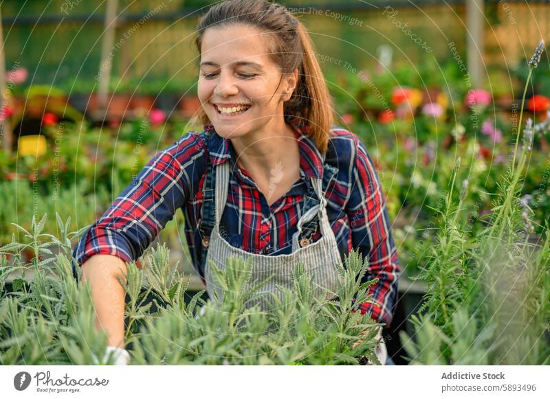 Positive Frau arbeitet im Garten Lächeln Gärtner Zahnfarbenes Lächeln Glück Optimist positiv Arbeit Pflanze heiter froh kultivieren professionell Job Freude