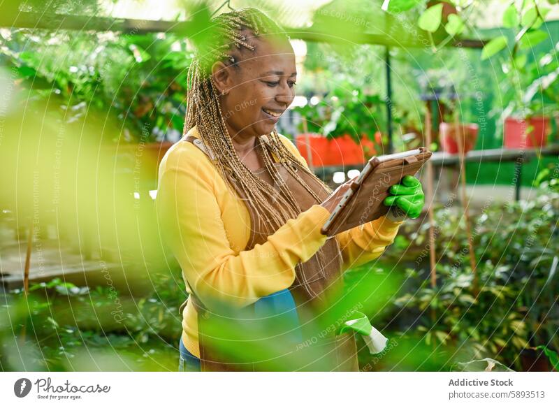 Fröhliche ethnische Frau mit Tablette Gewächshaus Lächeln benutzend Glück heiter Apparatur Gerät Internet modern Browsen Pflanze Freude positiv froh Garten Grün