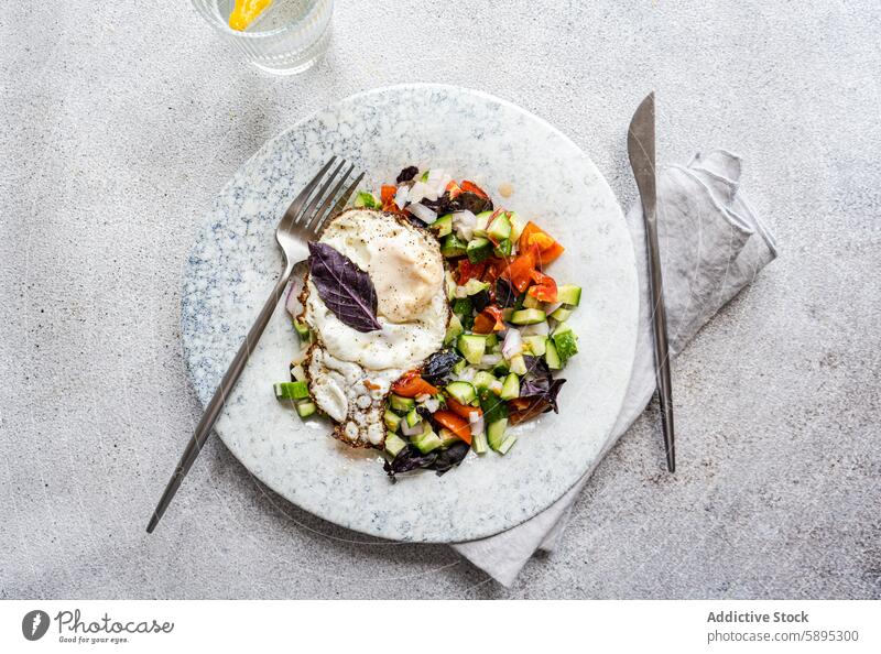 Frisches Keto-Mittagessen mit Ei und buntem Gemüse Keton Salatbeilage frisch nahrhaft Gesundheit Salatgurke Tomate Basilikum purpur marmoriert Teller