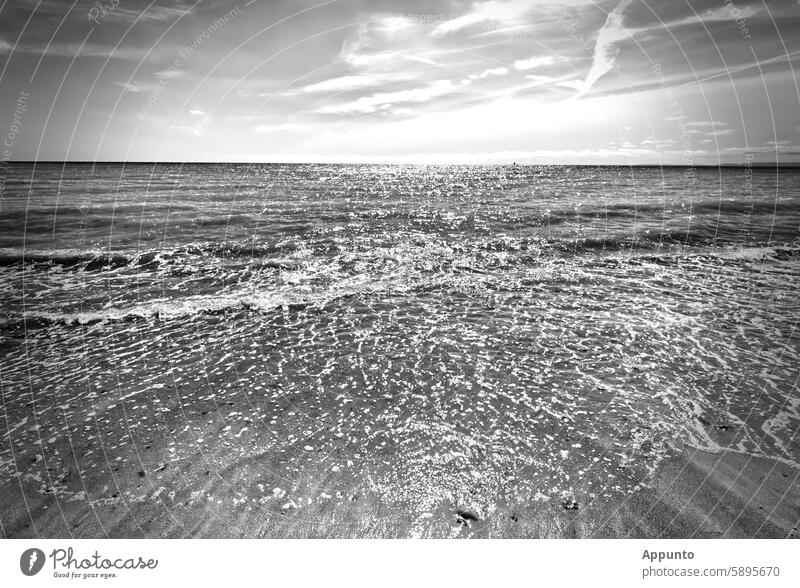 Blick von einem Sandstrand aus über das Wasser und die im Sonnenlicht glitzernden Wellen, hinaus aufs weite Meer und einen hellen, lichtdurchfluteten Himmel am Horizont. Schwarzweißaufnahme.