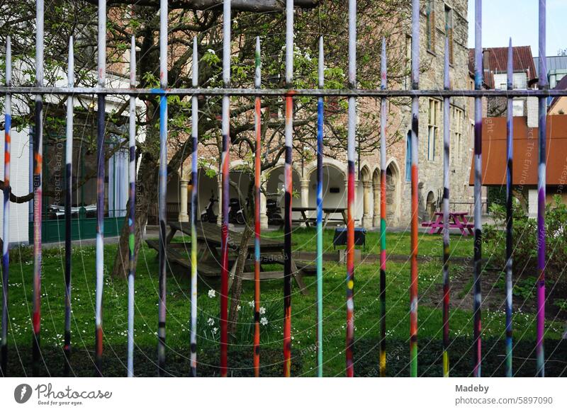 Bunt bemalter Zaun aus Schmiedeeisen vor einem grünen Garten im Frühling in der Werregarenstraat oder auch Graffiti Street für ambitionierte Sprayer in der Altstadt von Gent in Ostflandern in Belgien