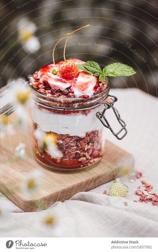 Leckeres, geschichtetes Sommerfrühstück im Glas Frühstück Gesundheit Joghurt Müsli Erdbeeren Minze mehrschichtig hölzern Holzplatte Leinen Gewebe im Freien