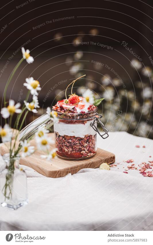 Sommerfrühstück mit Müsli und Joghurt im Glas im Freien Frühstück Erdbeeren hölzern Holzplatte Gänseblümchen Gesundheit Mahlzeit Snack Lebensmittel Natur Beeren