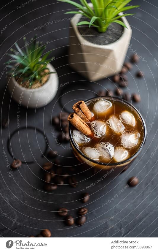 Draufsicht auf Eiskaffee mit Zimt und Kaffeebohnen Getränk kalt trinken Glas Würfel Erfrischung dunkel Oberfläche Bohne Pflanze Topf gemütlich aromatisch braun
