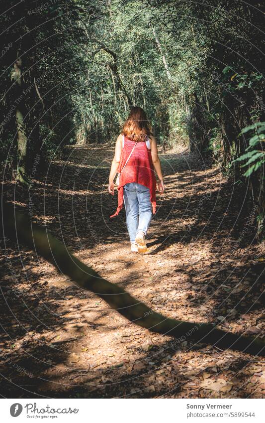 Brasilianische Frau mit rotem Pullover bei einem Spaziergang im Botanischen Garten in São Paulo, Brasilien. Brasilianer Wanderung Sonnenlicht botanisch Ausflug