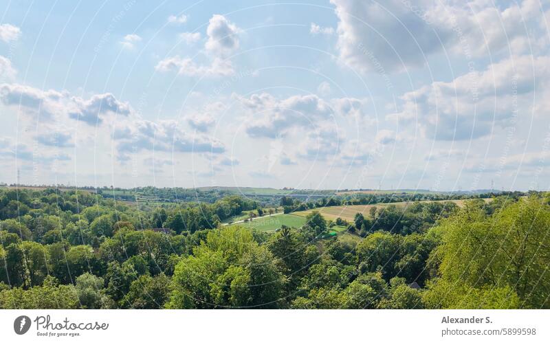 Bewaldetes Tal unter Wolkenhimmel Landschaft Wald Bäume Himmel Natur blau Hügel Panorama Tourismus grün wandern Europa Sommer Markgröningen Strohgäu Ansicht