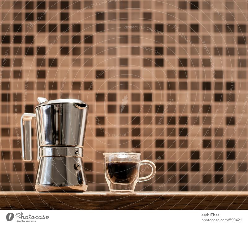Käffchen? Lebensmittel Frühstück Kaffeetrinken Getränk Heißgetränk Espresso Tasse Design Erholung Glas Metall Duft Coolness glänzend Wärme braun schwarz silber